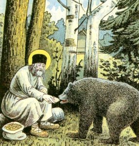 Svatý Serafim Sárovský krmí medvěda.